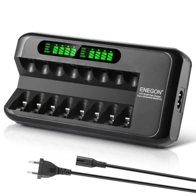 Image de Chargeur de Batterie ENEGON à 8 emplacements avec Affichage LED, Noir