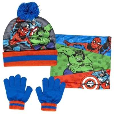 Image de Marvel Ensemble de 3 pièces pour garçon avec bonnet à pompon + écharpe gants, rouge/bleu, 2 8 ans