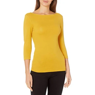 Image de Amazon Essentials T shirt Col Bateau Coupe Ajustée à Manches 3/4 Femme, Or, M