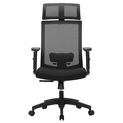 Image de SONGMICS fauteuil de bureau, chaise bureau en toile, siège ergonomique, pivotant à 360, support lombaire réglable, appui tête, accoudoirs, inclinaison du dossier jusqu’à 120, noir OBN55BK