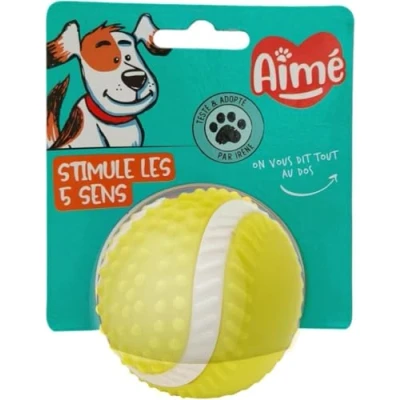 Image de Aimé Balle pour Chien 5 en 1 Saveur Bœuf Jouet Interactif/Éducatif Développer et Stimuler Les Sens Résistant Toutes Races Tous Âges 8 cm