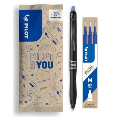 Image de Pilot Lot de 1 FriXion Ball 07 Plus + set 3 Recharges Stylo Roller Effaçable Rétractable et Rechargeable Fabriqué en Plastique Recyclé Bleu Pointe Moyenne