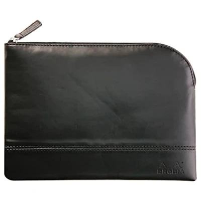 Image de RHODIA 116623C Pochette Zippée en Simili Cuir Noir Taille M (16 x 22 cm) Coutures Véritables Intérieur Tissu Orange Rangement Documents, Petites Fournitures