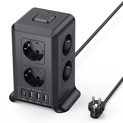 Image de Multiprise avec Interrupteur, Sameriver Tour 8 Prises et 4 USB（3 USB A&amp;1 C Max 5V/3.4A, Parafoudre Surtension, 2M Câble à la Maison au Bureau