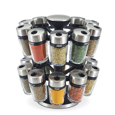 Image de Cole &amp; Mason H121809 Cambridge Carrousel à Épices et Herbes, Porte épices en Pots de Verre 20, Rotatif 360, Rangement épices, Acier inoxydable/Verre, Épices/Herbes Incluses,