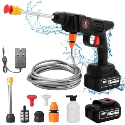 Image de Nettoyeur Haute Pression, Pistolet Pression sans Fil 50Bar, sur 1 Batterie, Chargeur et Tuyau de 5M, pour Lavage Arrosage Voiture (30000mah)