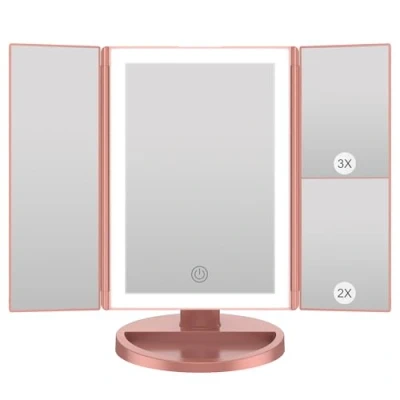 Image de WEILY Miroir Maquillage, Grossissant Lumineux avec 1X/2X/3X, LED Maquillage Pliable Écran Tactile et Réglable à 180 Degrés, Support USB Batterie (Or Rose)