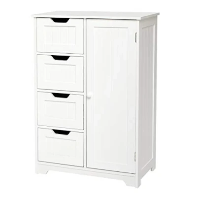 Image de Mondeer Meuble de Salle Bain Buffet avec 4 Tiroirs et 1 Porte, Etagère Réglable Style Moderne pour à Salon Chambre Coucher Entrée Cuisine, Blanc H1071BC02WT 56 x30 x 82,5 cm