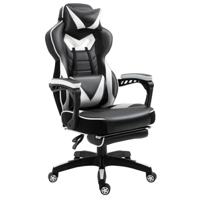 Image de Vinsetto Chaise Gaming Ergonomique, Fauteuil de Bureau Confortable avec Repose Pied, Appuie Tête et Coussin Lombaire, Hauteur Réglable, Noir Blanc