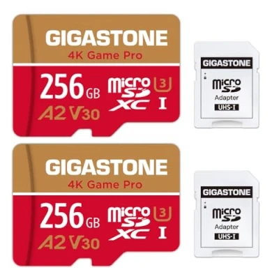 Image de [5 Ans Récupération de données Gratuite] Gigastone Carte Mémoire 256 Go Lot 2 Cartes, 4K Game Pro, Compatible avec GoPro Switch, Vitesse 100 Mo/s. A2 U3 V30 Micro SDXC Adaptateur SD.