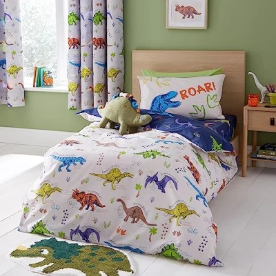 Image de Catherine Lansfield Parure de lit Simple réversible avec taie d&#039;oreiller Motif Dinosaures préhistoriques Naturel