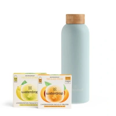 Image de waterdrop® Coffret Thé Glacé, Gourde Isotherme 600 ml + 24 cubes d&#039;Ice Tea, Boisson sans sucre, 2 saveurs fruitées : Pêche &amp; Citron, Enrichi en vitamines, bouteille d&#039;eau Thermo