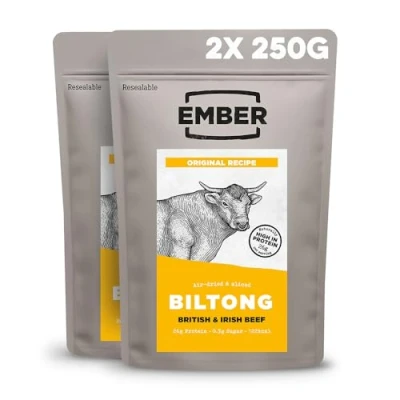 Image de Ember Snacks: Biltong Beef Jerky Saveur Original (2x 250g = 500g total) / boeuf séché riche en protéines. Collation à emporter faible gras &amp; calories A base de britannique irlandais