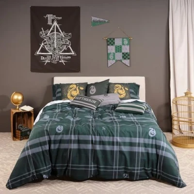 Image de FUNDA NÓRDICA CON BOTONES 100% ALGODÓN MODELO SLYTHERIN CUADRO PARA CAMA DE 80 (140X200 CM.)