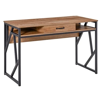 Image de HOMCOM Bureau Style Industriel dim. 120L x 60l 76H cm tiroir + 2 niches piètement métal Noir Plateau Aspect Bois Noyer