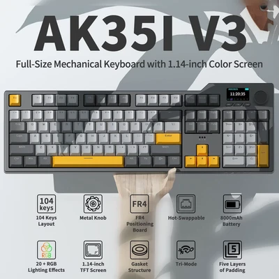 Image de Ajazz Clavier de jeu sans fil Bluetooth filaire, AK35I, V3 MAX, Leic mode, joint d&#039;étanchéité, clé