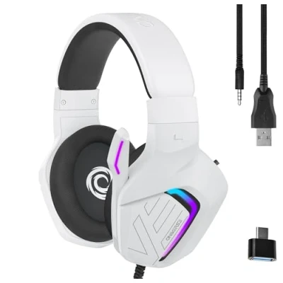 Image de Oniverse Casque Gaming Filaire avec Micro réglable, Compatible PS5 PS4 Switch Xbox PC Mac, Gamer à LED, Haut parleurs 50mm Confortables et Respirants, Jack Meteor (Frost White/Blanc)