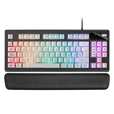 Image de Mars Gaming MKAXWES Clavier compact TKL H Mech, Éclairage RGB 9 effets, Repose poignets en Gel, Blanc, Langue Espagnole