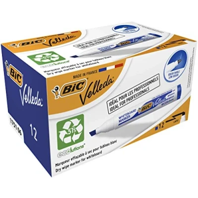 Image de BIC Velleda 1751 ECOlutions Feutres pour Tableau Blanc Effaçables à Sec Pointe Moyenne Biseautée Bleu , Boîte de 12