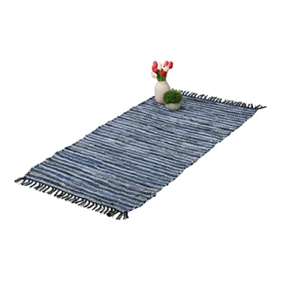 Image de Relaxdays Tapis tissé, 70 x 140 cm, Coton et Cuir, Descente de lit à Franges, antidérapant, natte décorative, Bleu