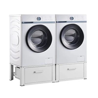 Image de [en.casa] Double Socle avec Tiroir pour Machine à Laver Support Deux Places Lave Linges Standard Pieds Antidérapants Capacité de Charge 150 kg Acier 127 x 54 31 cm Blanc