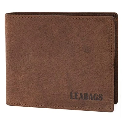 Image de LEABAGS Portefeuille pour hommes Porte monnaie en cuir véritable Protection RFID Format horizontal compartiment à 11 cartes Couture renforcée Naturel brun foncé