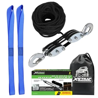 Image de XSTRAP STANDARD Palan à Corde Robuste de 0,9 kg, résistance la Rupture 15,2 m, Bloc Charge Travail 453,6 kg et système poulie pour soulever des Objets Lourds (Noir)
