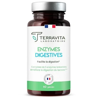 Image de ENZYMES Digestives Lactase + Complexe Digezyme® Breveté Curcuma Intolérance au Lactose, Digestion Difficile et Ballonnements Mix Basifiant 60 Gélules Vegan Made in France Terravita
