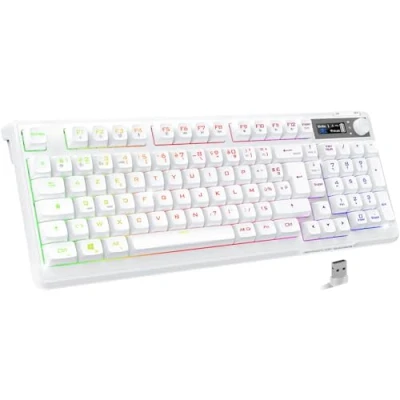 Image de Spirit Of Gamer Elite K60, Clavier Semi Mécanique sans Fil Bluetooth Rechargeable, Autonomie 360h, Connexion 2.4 GHZ, Ecran LCD, 15 Effets Rétroéclairage RGB, 19 Touches Anti Ghisting, Blanc