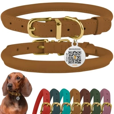 Image de BRONZEDOG Collier en Cuir Roulé pour Chien avec Étiquette D&#039;Identification QR Colliers Ronds Souples Ajustables Petits Moyens Grands Chiens Chiot Chat (Marron Clair, 18 25 cm)