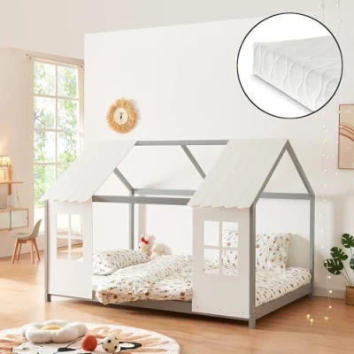Image de [en.casa] Lit Cabane avec Matelas à Mousse Froid Respirant Sommier Lattes Enfant en Forme Maison Fenêtres et Toit Bois de Pin Contreplaqué 120 x 200 cm Vert Menthe Blanc