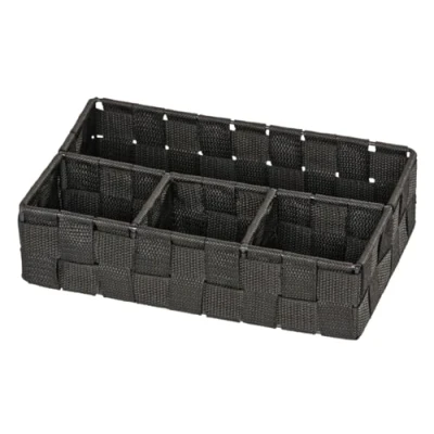 Image de WENKO Organiseur De Salle Bain Adria, Format Petit, Boîte Rangement Avec 4 Compartiments, Plastique Tissé, En Polypropylène, Dimensions : 26 x 6.5 17 cm, Couleur Noir