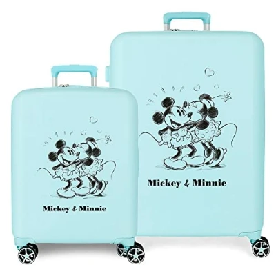 Image de Ensemble Valise Disney Mickey &amp; Minnie Bisous Turquoise 55/70 cm ABS Rigide Fermeture TSA Intégrée 88L 6.8 kg 4 Double Roues Bagage Main