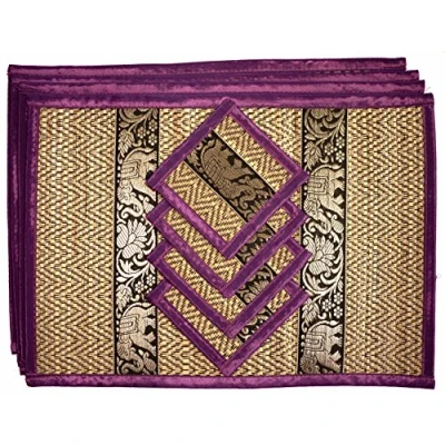 Image de Ensemble de Sets Table et Dessous Verre en Osier tressé à la Main Résistant Chaleur Style thaïlandais Parfait pour décoration Manger Lot 4 (Moyen Violet)