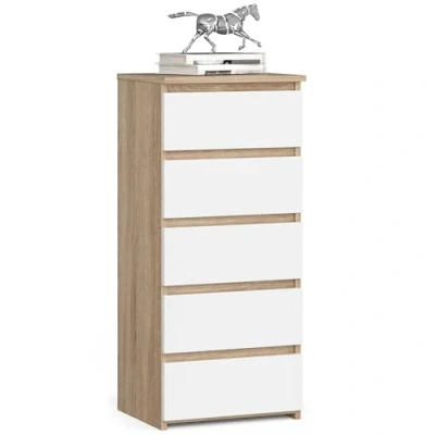 Image de Commode à 5 tiroirs, pour chambre coucher, couloir, salon, organiseur, commode, avec 40 cm de large, 92 haut, chêne sonoma blanc, buffet, armoire multi usages, étroite
