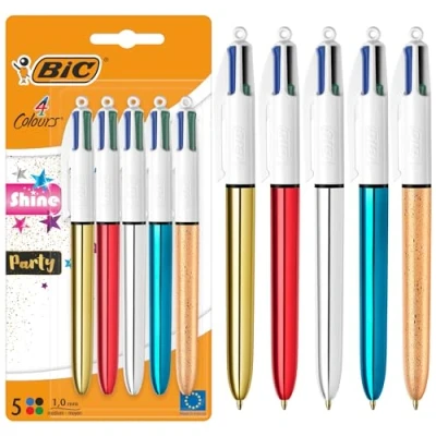 Image de BIC 4 Couleurs Shine et Party Rétractables à Pointe Moyenne (1,0 mm) en argenté, doré, rouge, bleu doré givré métallisés Lot de 5