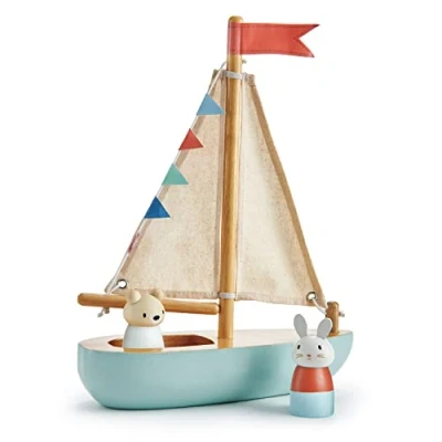 Image de Tender Leaf Toys Bateau à Voile en Bois avec fanions et Deux poupées d&#039;animaux Marins Jeu imaginatif développement de la Langue pour Les Enfants