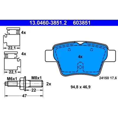 Image de ATE 13.0460 3851.2 Jeu de plaquettes frein non préparé pour indicateur d&#039;usure, contact signal d&#039;usure exclu avec accessoires