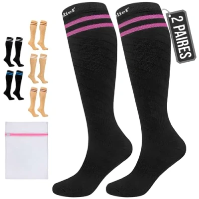 Image de 360 Relief Chaussettes de Contention Classe 1 Femme et Homme 15 20 mmHg Bas pour Voyage Avion, Running, Circulation, Sports Compression L/XL Noir avec sac lavage