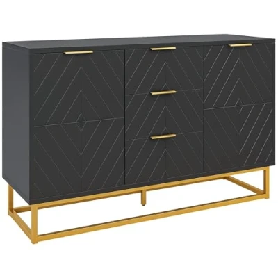 Image de Buffet HOMCOM contemporain graphique 2 placards porte étagères réglables 3 tiroirs coulissants en bois noir métal doré