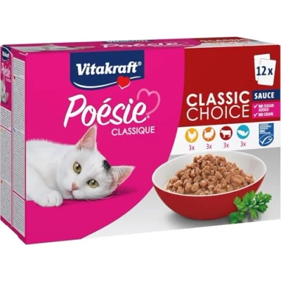 Image de Vitakraft Poésie Classic Nourriture Humide pour Chat avec Poulet, Dinde et bœuf Saumon certifié MSC sans Sucre ni céréales ajoutés Taille de Conservation (1 Paquet 12 x 85 g)