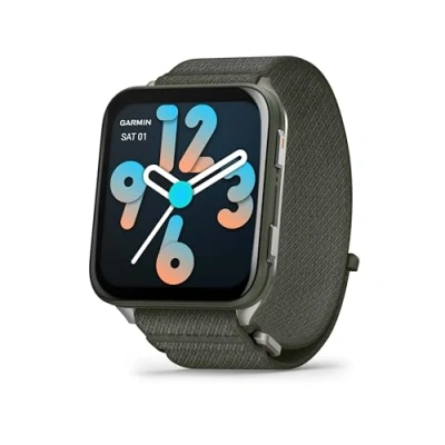 Image de Garmin Venu X1. Montre connectée GPS avec écran AMOLED 2″, Lampe LED, boîtier Ultra Fin de 8 mm, Plus 100 Sports intégrés, jusqu&#039;à Jours d&#039;autonomie, Bracelet en Nylon ComfortFit Vert Mousse.