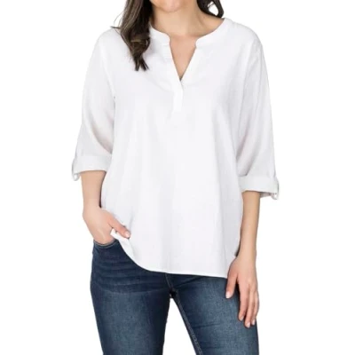 Image de DENIMFY DFSara Chemisier d&#039;été en lin pour femme Léger Coupe droite Manches 3/4 Col V Couleur unie Blanc Beige Vert Tailles S, M, L, XL, XXL, Blanc., S