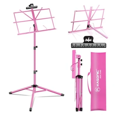 Image de K Kasonic Léger Pupitres de Musique, Support Partition Pliable 2 en 1 avec Clip, Partitions Portable Sac, Trépied pour Besoins Musicaux, Rose