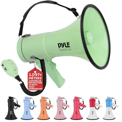 Image de Pyle Mégaphone 50W Haut Parleur Portable avec Sirène Intégrée, Enregistrement, Bluetooth et AUX Batterie Rechargeable, Porte Voix Micro Bandoulière