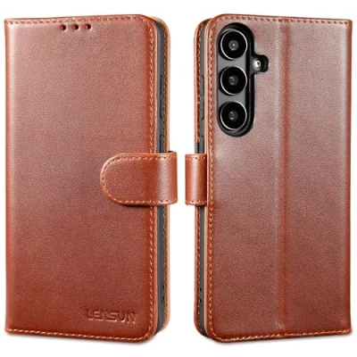 Image de LENSUN Coque pour Samsung Galaxy S24+ Plus, Étui à Rabat Cuir Véritable Pochette de Portefeuille [RFID] Housse avec Fermoir Magnétique S24 Plus 5G Marron Foncé