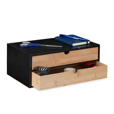 Image de Relaxdays Organiseur à tiroirs, Bambou &amp; MDF, 2 Compartiments, HxLxP : env. 14 x 33 21 cm, pour Bureau, Noir Nature