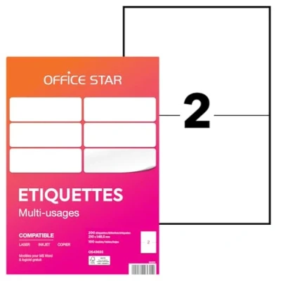 Image de OFFICE STAR 200 Étiquettes Autocollantes Multi Usages Blanches Personnalisables Imprimables Format 210 x 148,5 mm Impression Laset Jet d&#039;Encre et Copieur