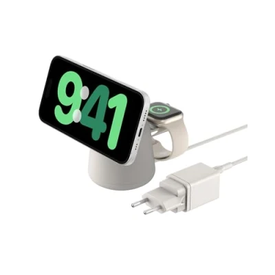 Image de Belkin BoostCharge Pro Station de Charge 2 en 1 avec MagSafe (Chargeur sans Fil Rapide 15 W, pour Tous Les modèles l&#039;iPhone 16, 15, 14, 13, 12, AirPods, et Tout Appareil MagSafe)