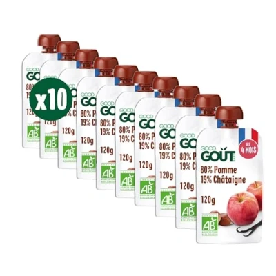 Image de GOOD GOÛT Gourdes Pomme Châtaigne Purée Bébé Dès 4 Mois 80% Pomme, 19% Sans Sucres Ajoutés* Fabriqué En France 10x120g